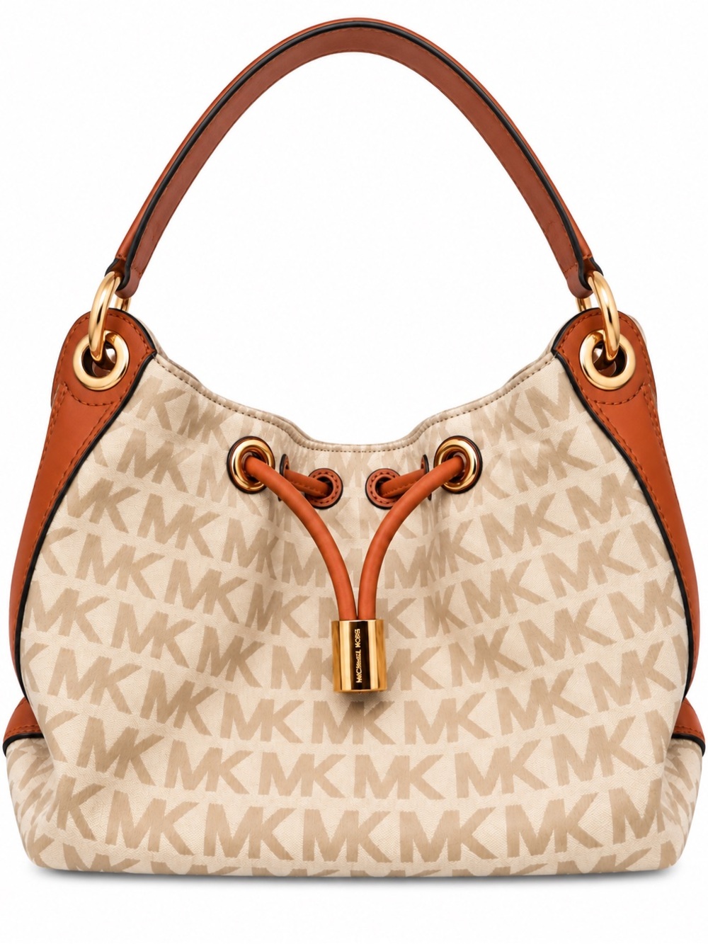 Michael Kors MK Signature Beige Brown Gold Shoulder Bag Purse 15x9.5